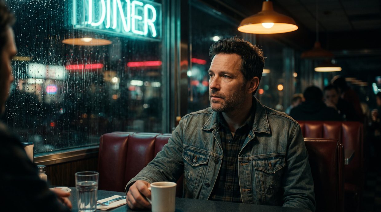 A close-up of one actor in the same diner booth, from a second camera.