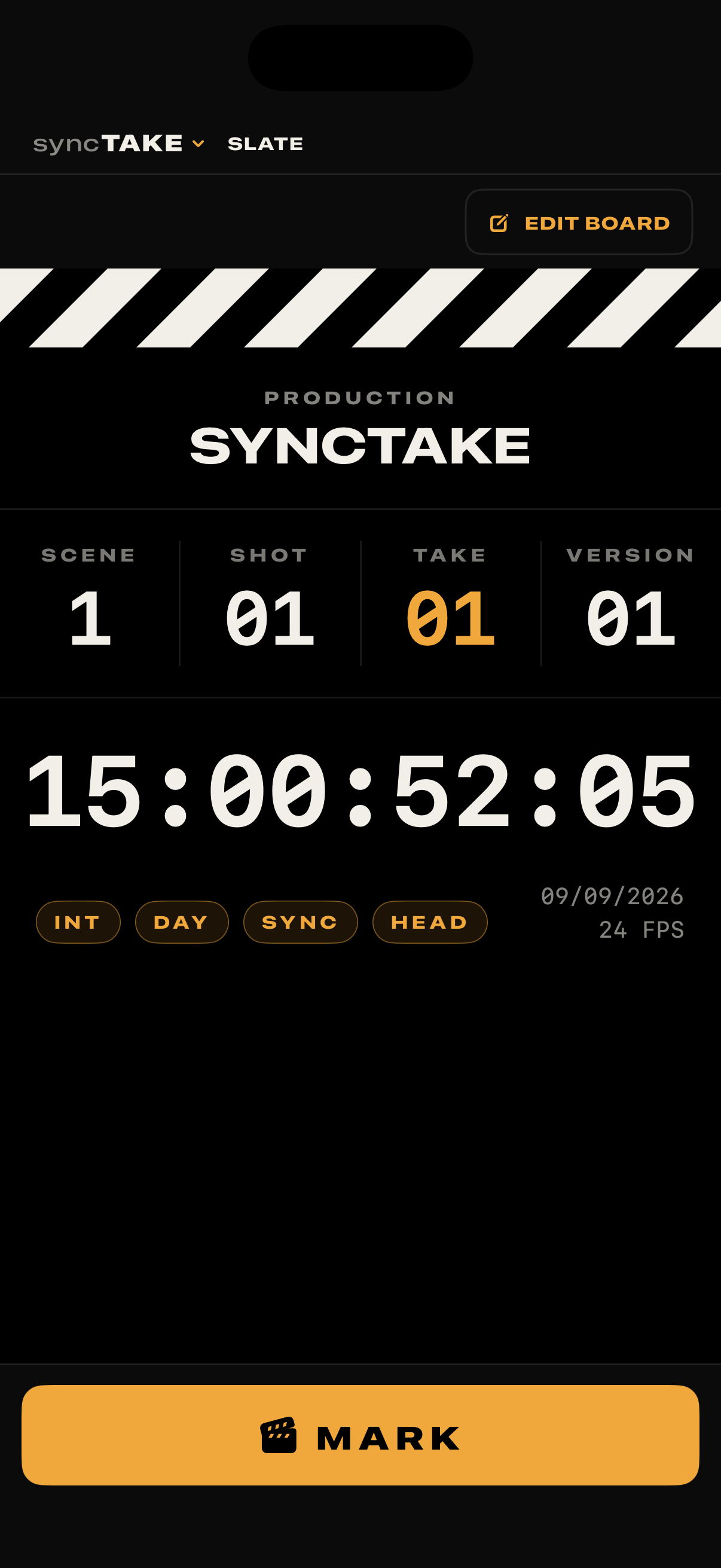 SyncTake’s digital Slate station showing scene, shot, and take information.