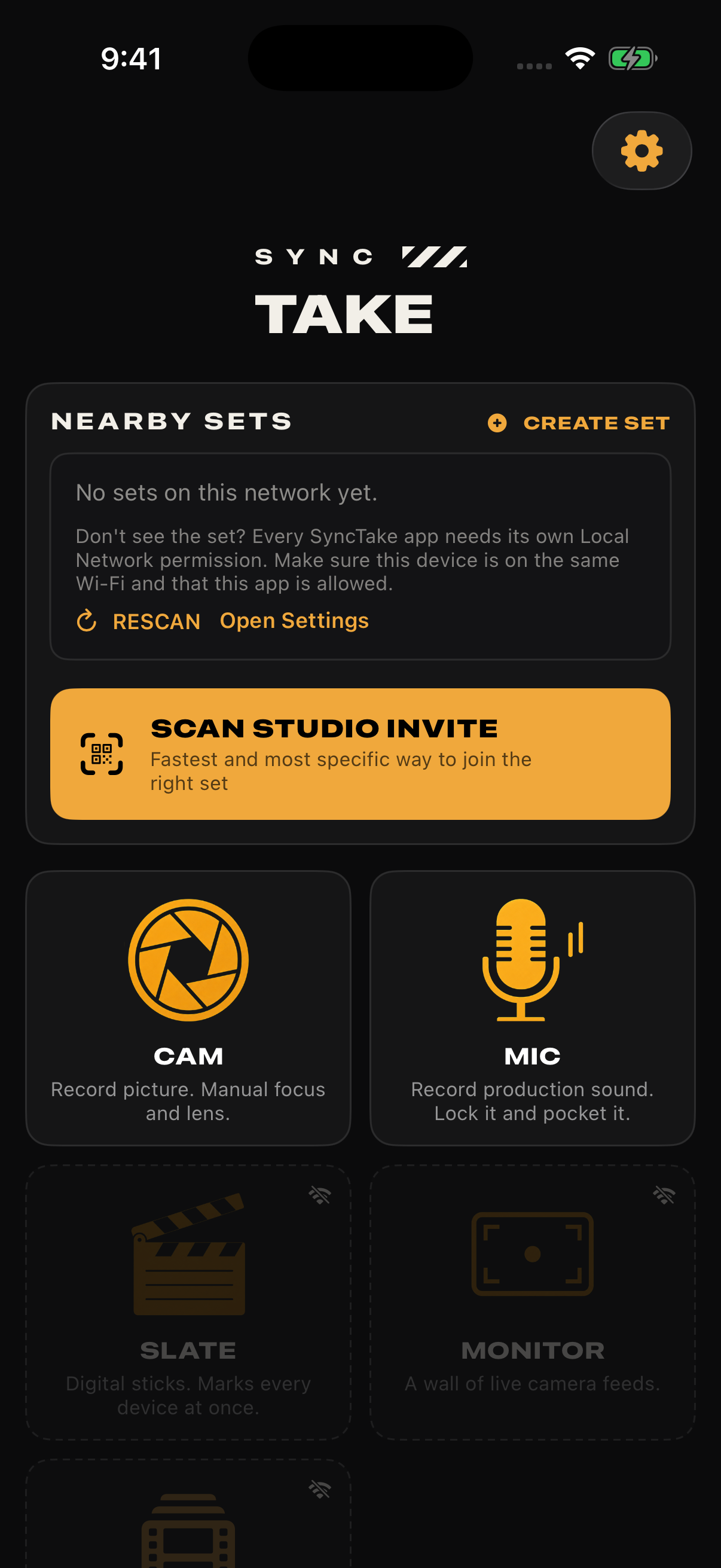 The SyncTake station page, with Cam and Mic choices and local set controls.